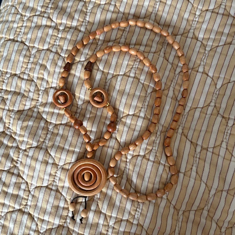 Long Wooden Statement Beaded Necklace with Circular Pendant